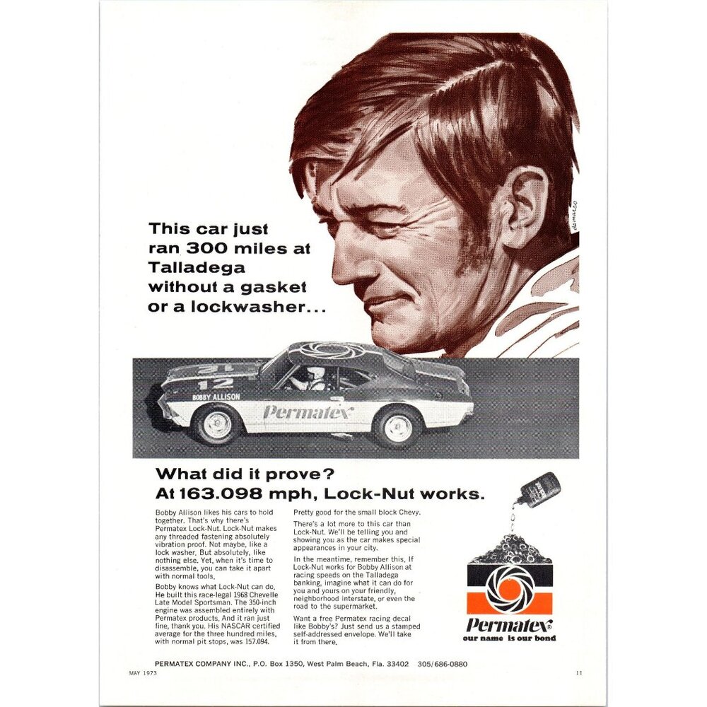 1973 Permatex Lock Nut Vintage Print Ad Bobby Allison Talladega NASCAR Wall Art